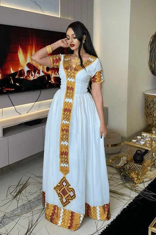 Luxurious Multicolored Habesha Dress: Modern Look with Short Sleeved Traditional Ethiopian Dress