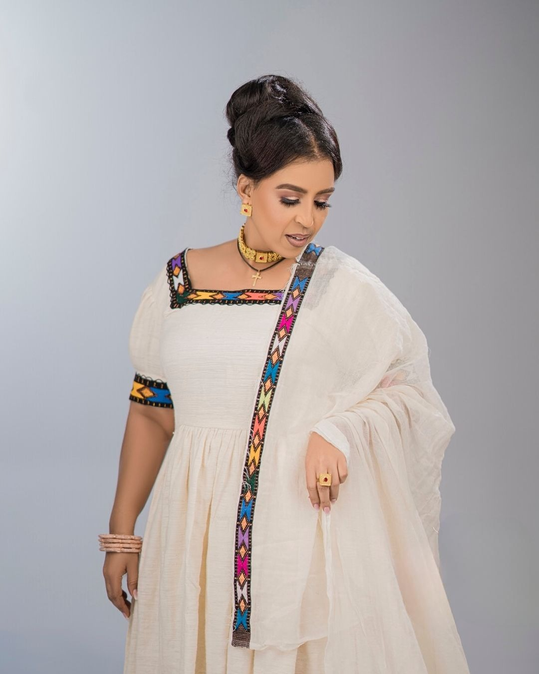 Gracious Creamy Habesha Dress: with Handmade Complex Embroidery Traditional Ethiopian Dress