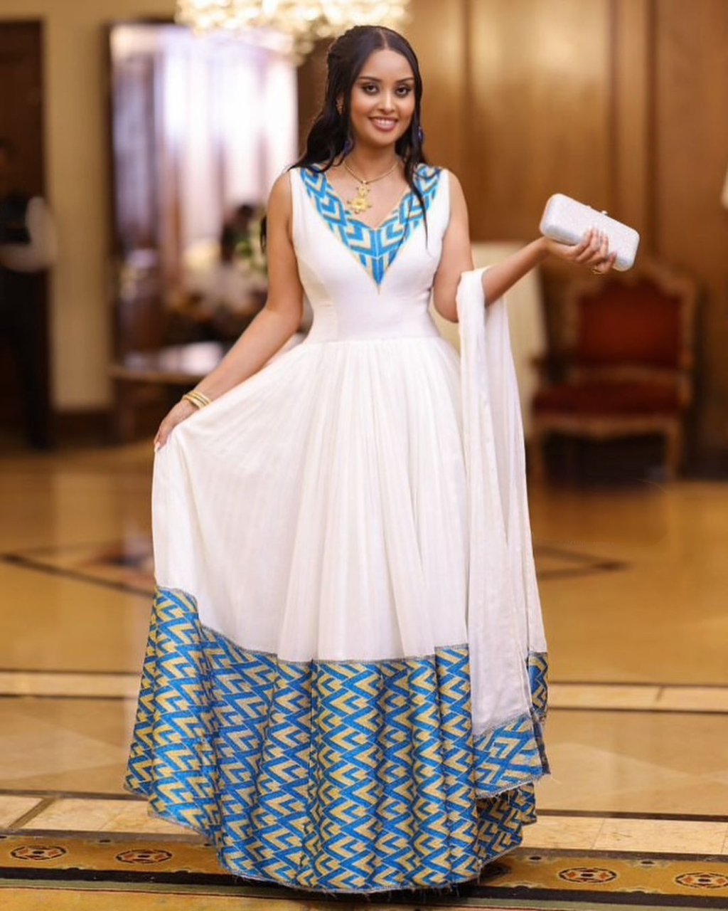 Chic Sleeveless Blue Habesha Dress