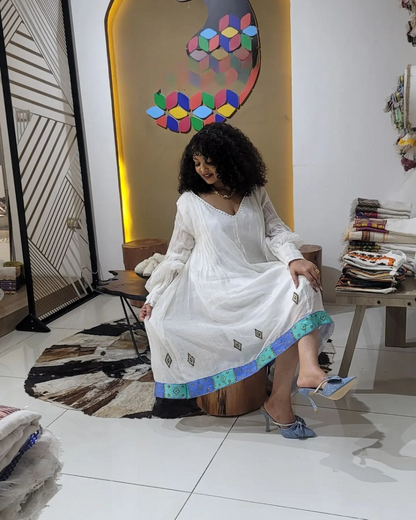 Timeless White Traditional Ethiopian Dress with Bright Accents: Chic Colorful Habesha Dress Simple Habesha Kemis
