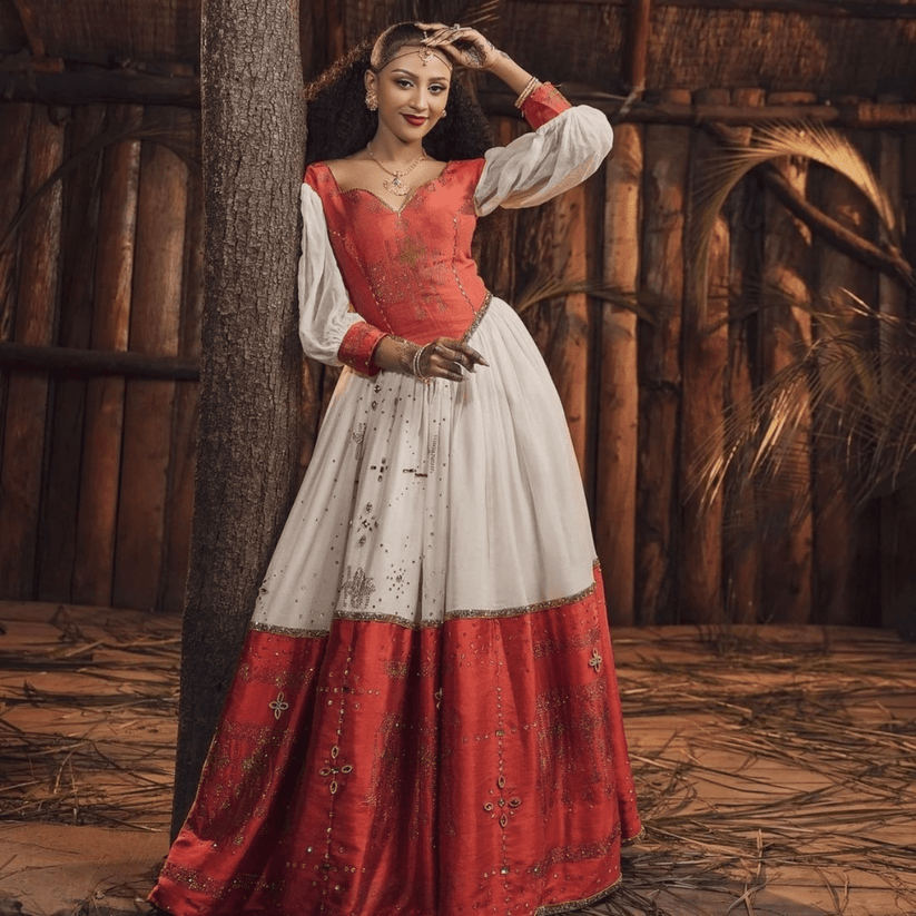 Red corset-style bodice Habesha Dress - Striking White & Red Ethiopian Zuria