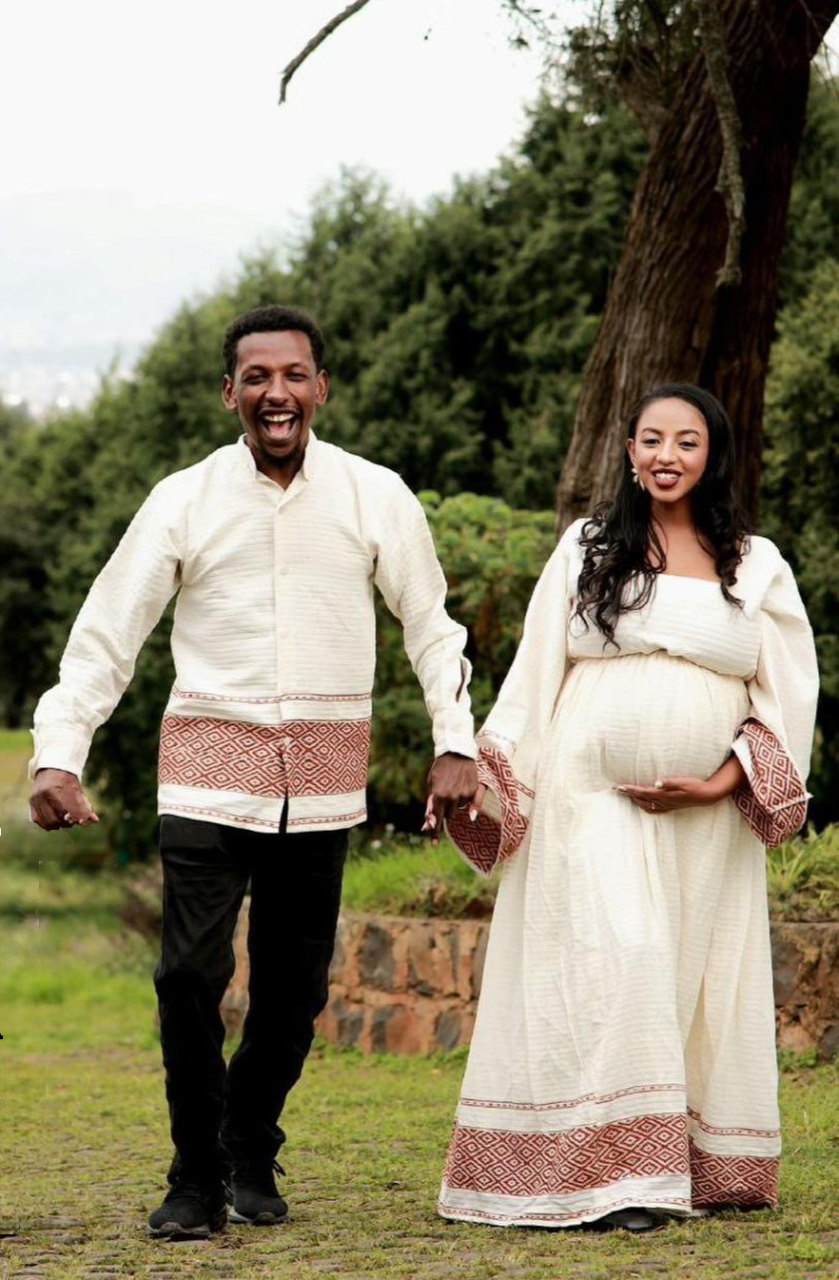 Timeless Elegance in Cream and Red Matching Habesha Attire