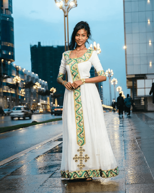 Elegant Green & White Habesha Dress - Traditional Ethiopian Attire for Festive Gatherings