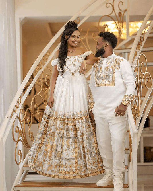 Shimmering Golden Ethiopian Traditional Couples Outfit