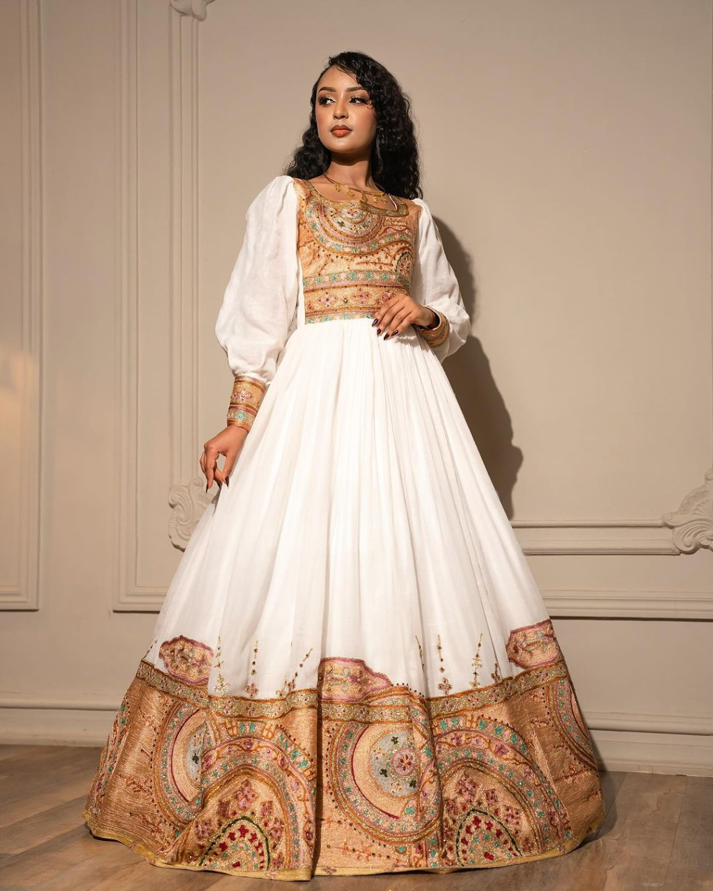 Intricate Golden Embroidery on Habesha Dress
