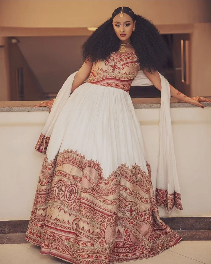 Blazing Hot Red Habesha Wedding Dress: Intricate Wide Embroidery on Traditional Ethiopian Wedding Attire