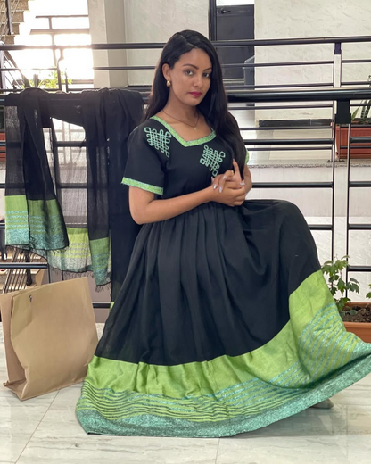 Unique Black with Lemon Green Habesha Dress: with Cross Stitched Embroidery Ethiopian Traditional Dress Beautiful Eritrean Clothing