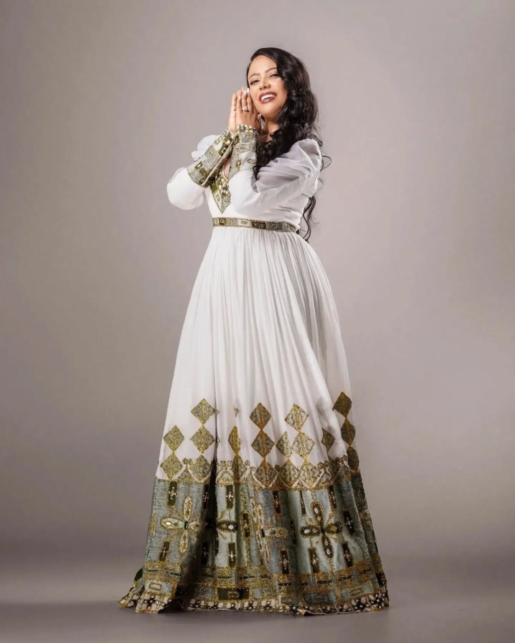 Modern Take with Emerald Green Habesha Dress: Puffy Sleeves on Traditional Ethiopian Dress for Unforgettable Look Ethiopian Wedding Dress