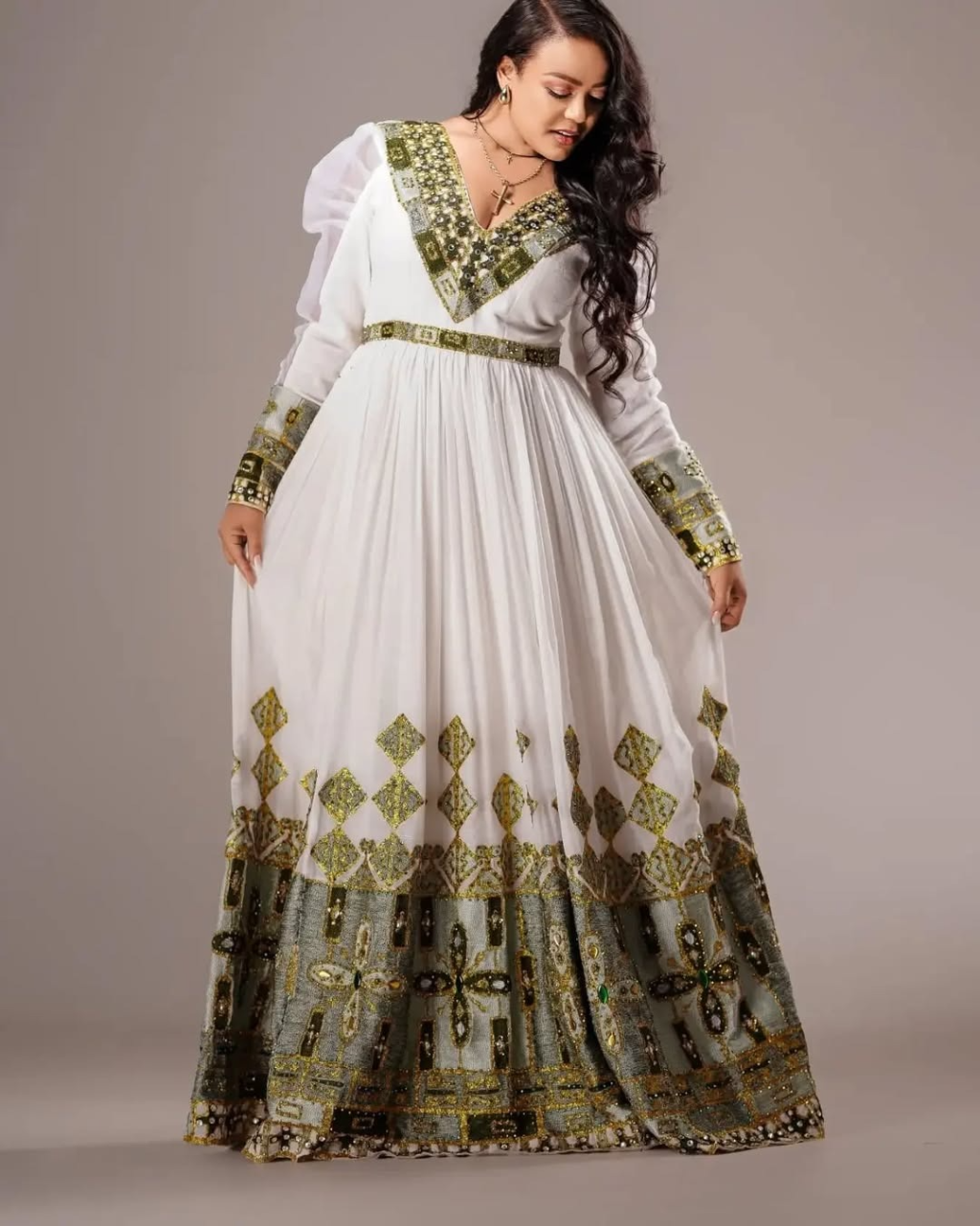 Modern Take with Emerald Green Habesha Dress: Puffy Sleeves on Traditional Ethiopian Dress for Unforgettable Look Ethiopian Wedding Dress