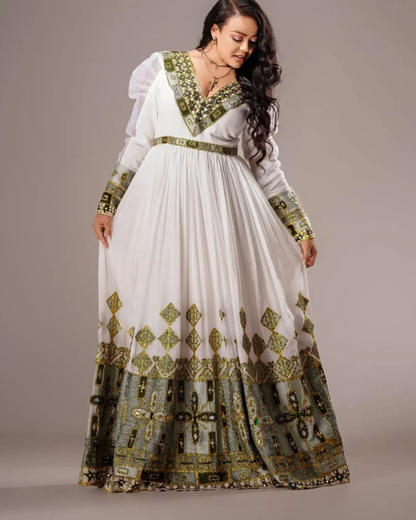 Modern Take with Emerald Green Habesha Dress: Puffy Sleeves on Traditional Ethiopian Dress for Unforgettable Look Ethiopian Wedding Dress