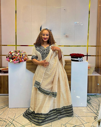 Ease Fit Beige Habesha Dress: with Dark Cultural Embroidery Ethiopian Traditional Dress for Celebrations Eritrean Clothing