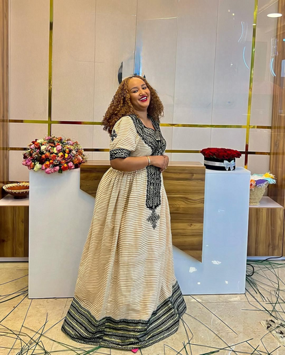 Ease Fit Beige Habesha Dress: with Dark Cultural Embroidery Ethiopian Traditional Dress for Celebrations Eritrean Clothing