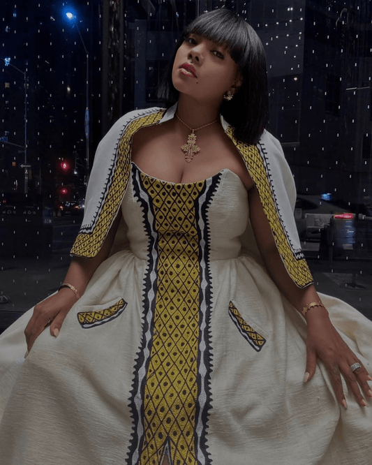 Sleeveless Golden Habesha Dress: with Graceful Short Cape Traditional Ethiopian Dress for Big Events Modern Habesha Kemis