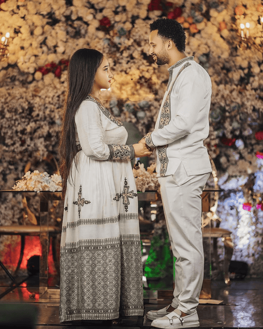 Silvered Elegance with Matching Habesha Couples Outfit