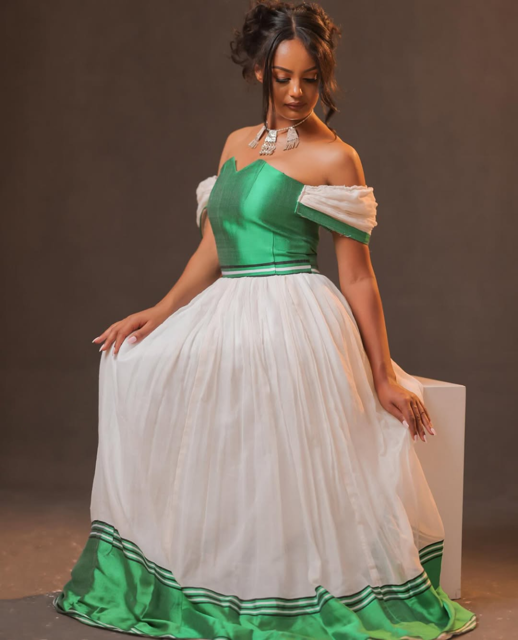 Off Shouldered Bright Green Habesha Dress: Heart Shaped Neckline Traditional Ethiopian Dress for Cultural Celebrations Habesha Kemis