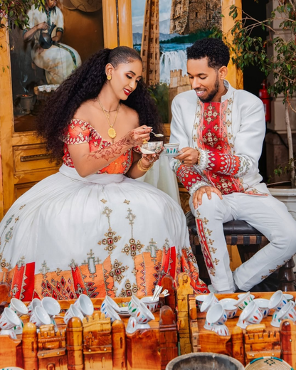 Breathtaking Red Habesha Couples Wedding Outfit: Golden Beaded Shimmering Matching Ethiopian Couples Attire