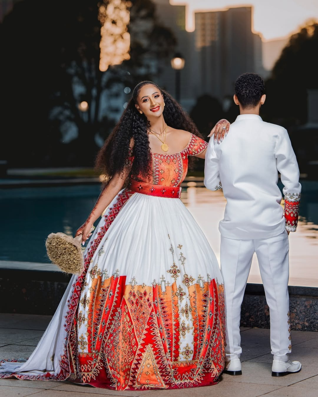 Breathtaking Red Habesha Couples Wedding Outfit: Golden Beaded Shimmering Matching Ethiopian Couples Attire