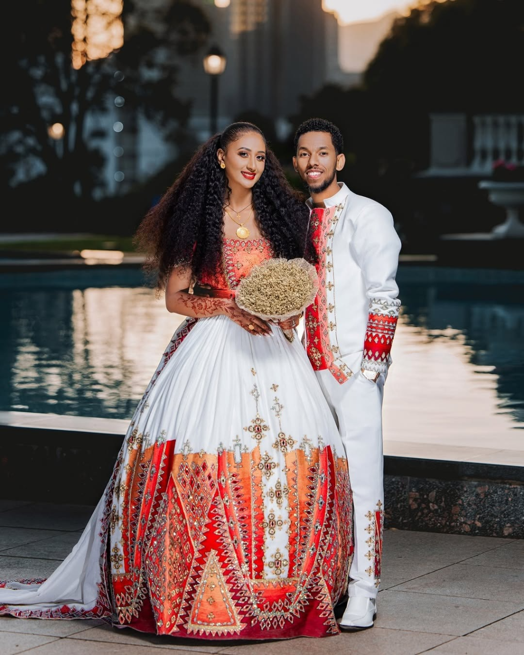 Breathtaking Red Habesha Couples Wedding Outfit: Golden Beaded Shimmering Matching Ethiopian Couples Attire
