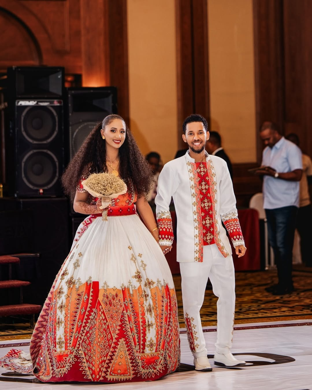 Breathtaking Red Habesha Couples Wedding Outfit: Golden Beaded Shimmering Matching Ethiopian Couples Attire