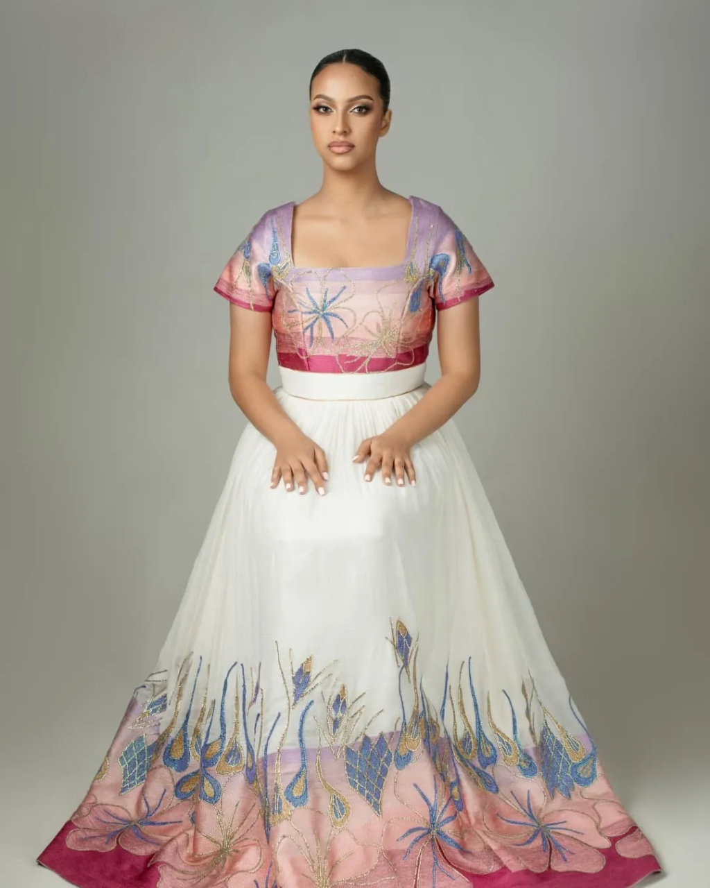 Gracious Pink Traditional Ethiopian Wedding Dress: Colorful Eye-catching Designs on Habesha Wedding Dress Stylish Eritrean Clothing