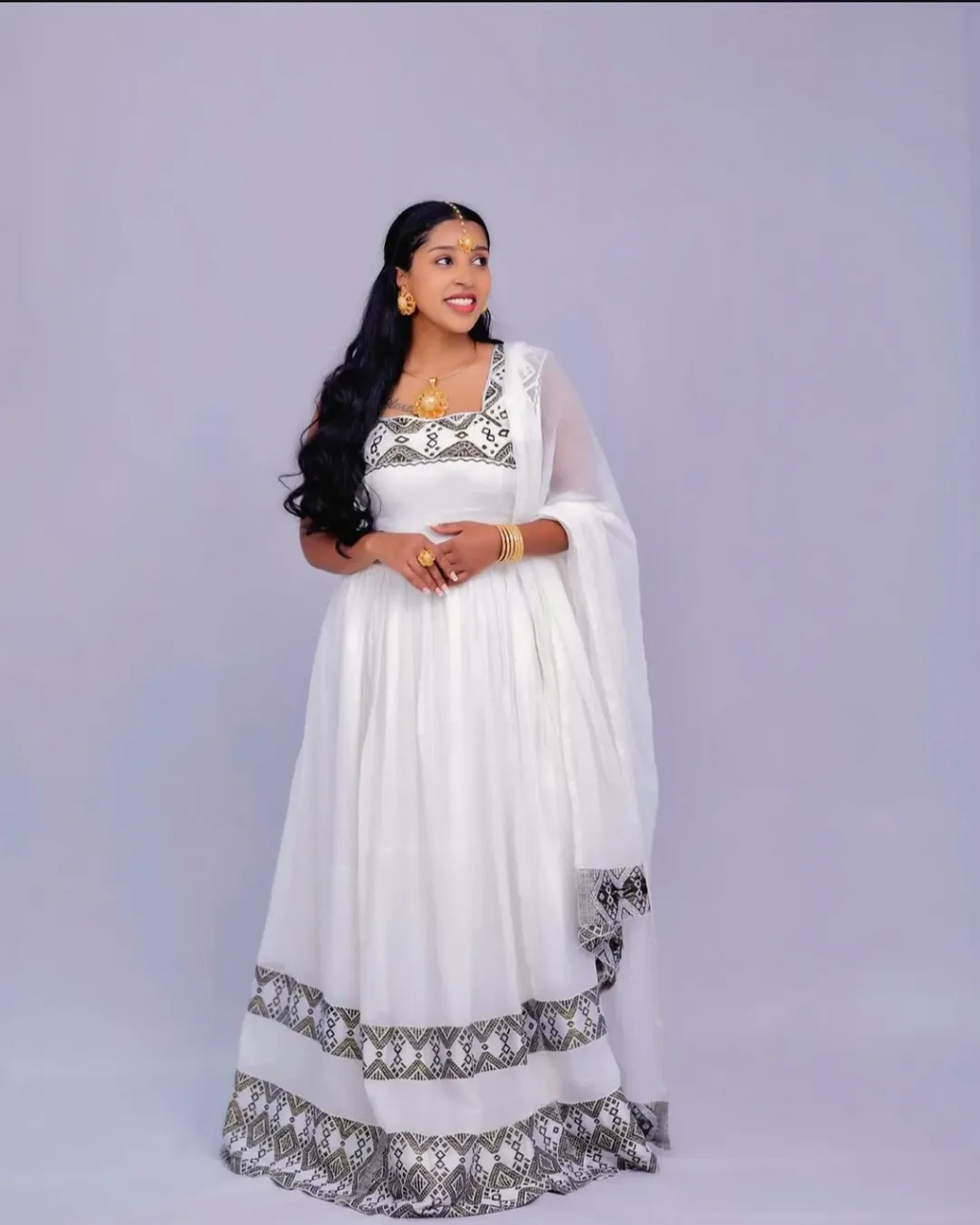 Radiant Gray Embroidered Ethiopian Clothing: Simple Cultural Design on Traditional Habesha Dress Elegant Eritrean Clothing