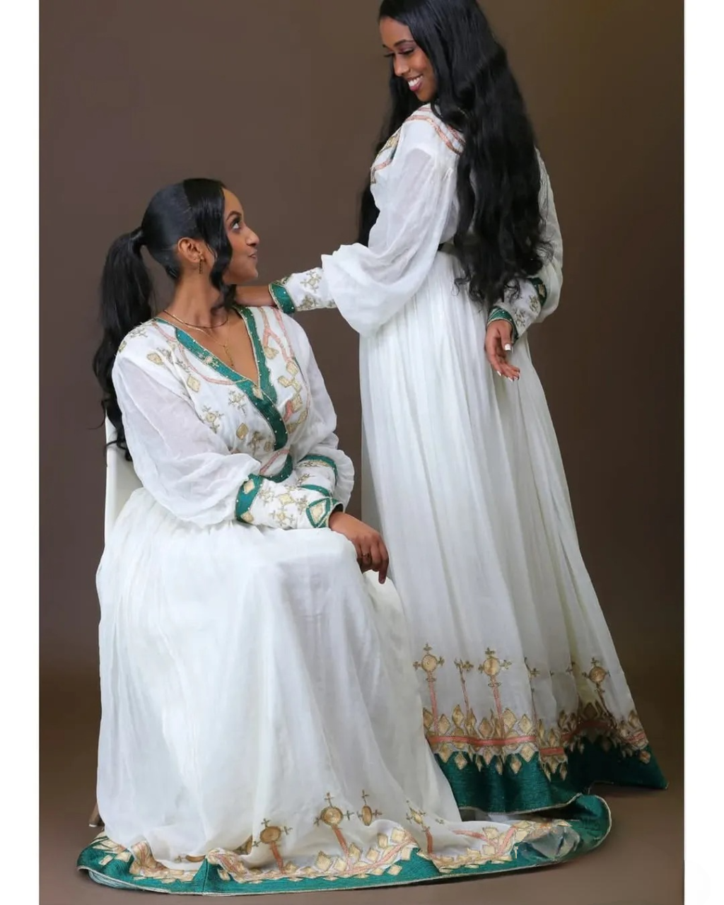 Charming Green and Golden Ethiopian Dress: with Handcrafted Ornaments Traditional Eritrean Dress for Cultural Events Habesha Dress