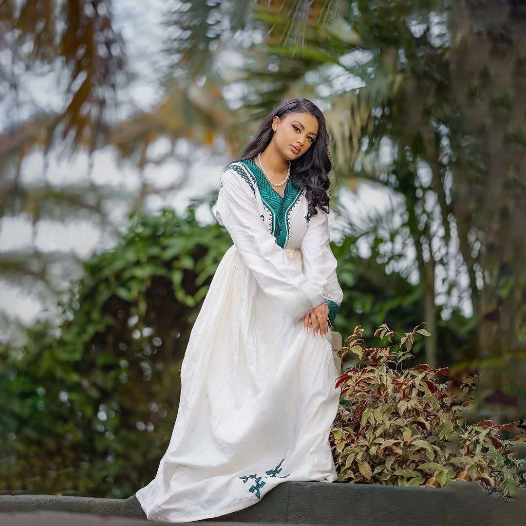 Classic Habesha Kemis with Emerald Green Embroidery Cultural Ethiopian Dress