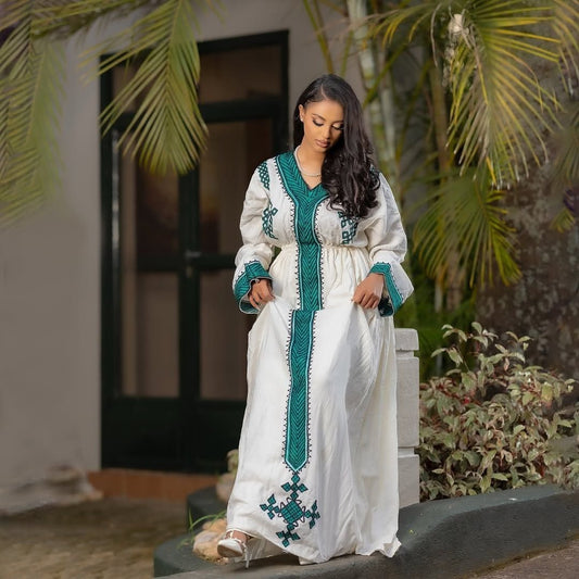 Classic Habesha Kemis with Emerald Green Embroidery Cultural Ethiopian Dress