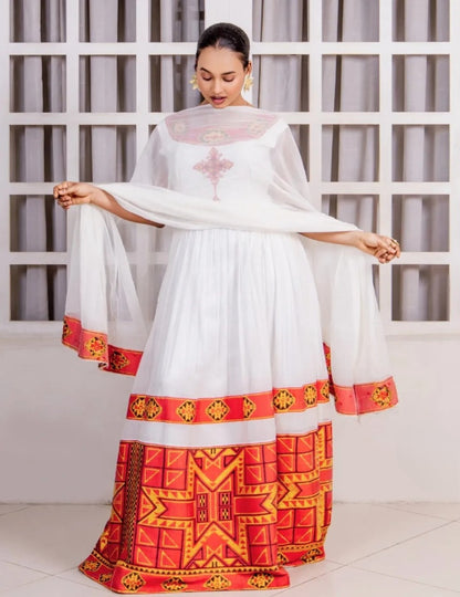 Classic Red Habesha Kemis with Vibrant Accents Sleeveless Ethiopian Traditional Clothing
