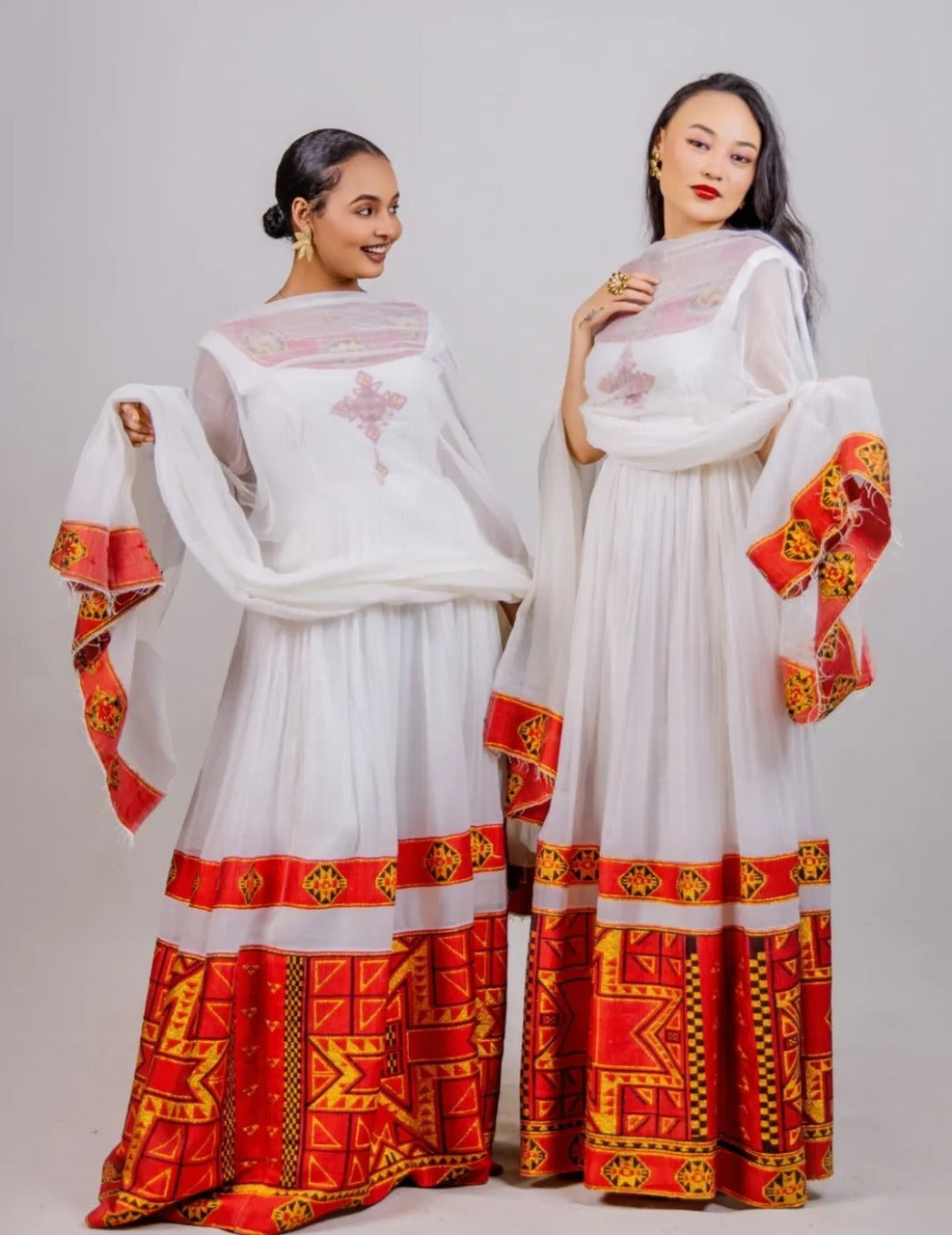 Classic Red Habesha Kemis with Vibrant Accents Sleeveless Ethiopian Traditional Clothing