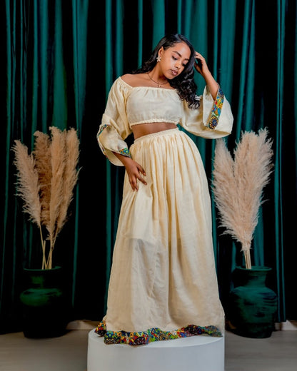 Chic Habesha Crop Top & Skirt Set Contemporary Ethiopian Dress with Multi-Color Trim