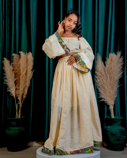 Chic Habesha Crop Top & Skirt Set Contemporary Ethiopian Dress with Multi-Color Trim