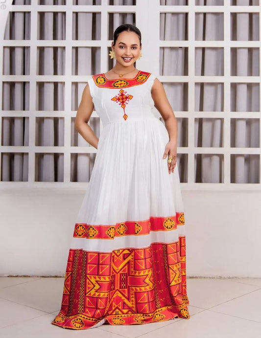 Classic Red Habesha Kemis with Vibrant Accents Sleeveless Ethiopian Traditional Clothing 