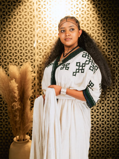 Enchanting Green Habesha Kemis Traditional Ethiopian Dress Style