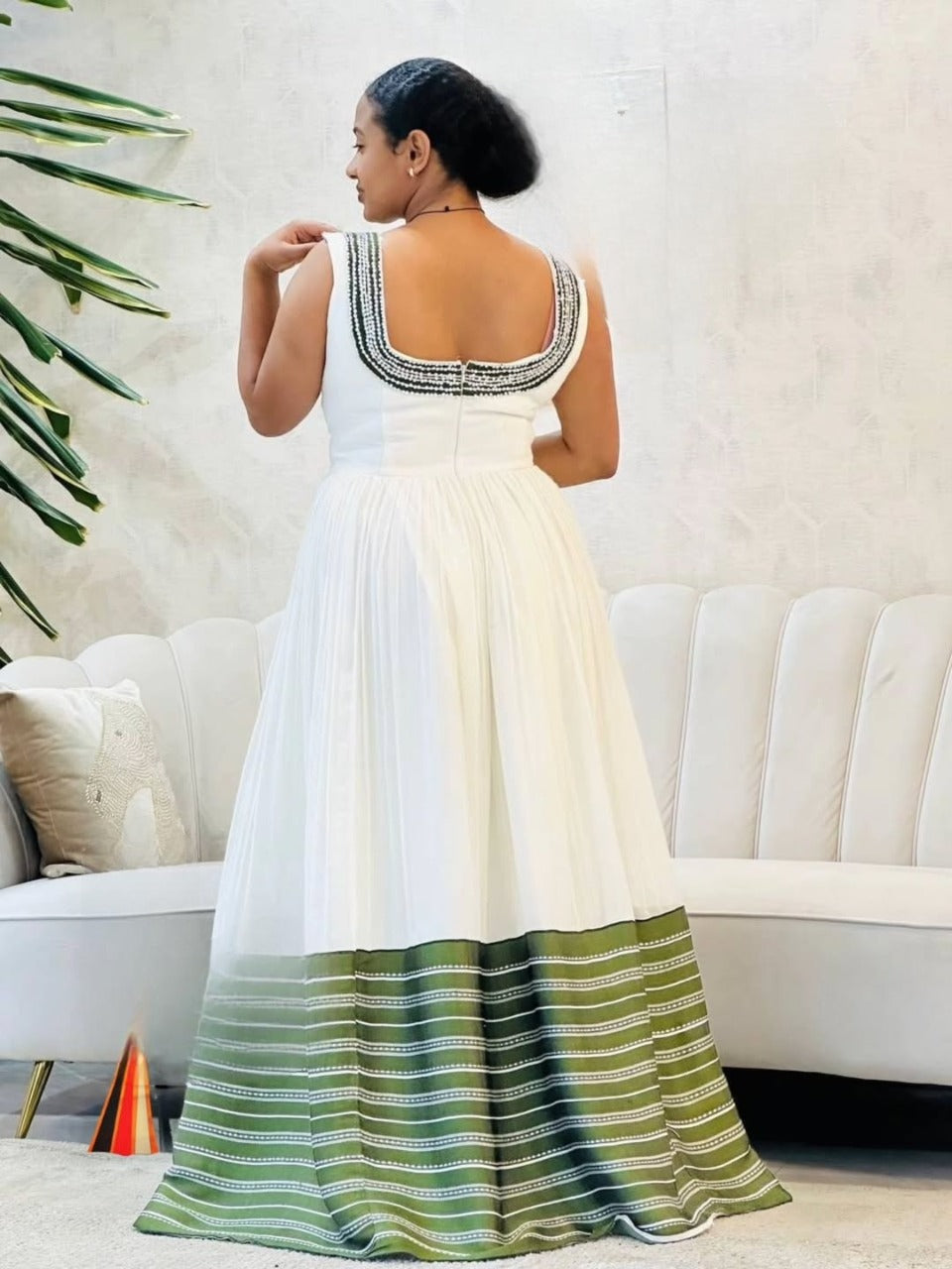 Timeless Habesha Kemis with Green Accents Sleeveless Ethiopian Traditional Dress
