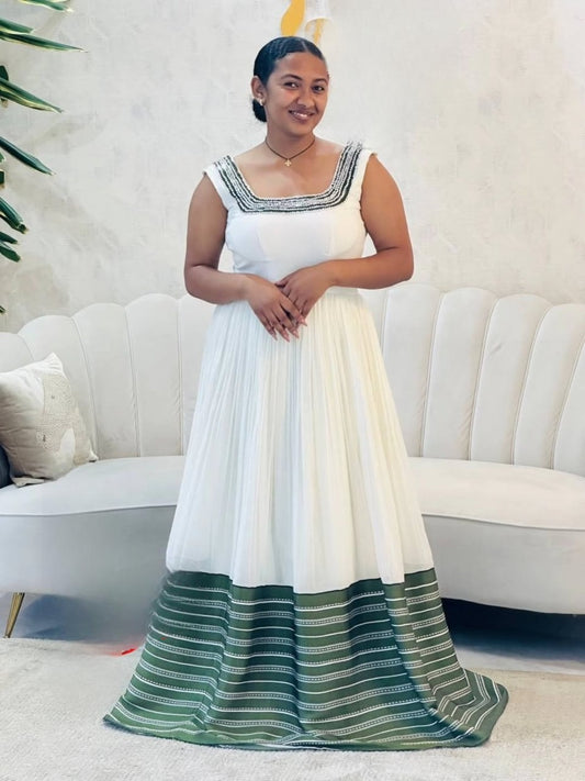 Timeless Habesha Kemis with Green Accents Sleeveless Ethiopian Traditional Dress
