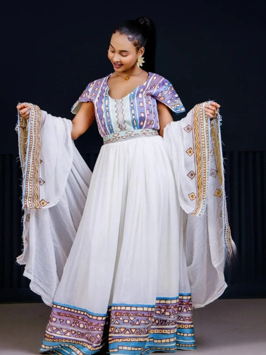 Stylish Multi-color Pattern Habesha Dress Modern Ethiopian Kemis 