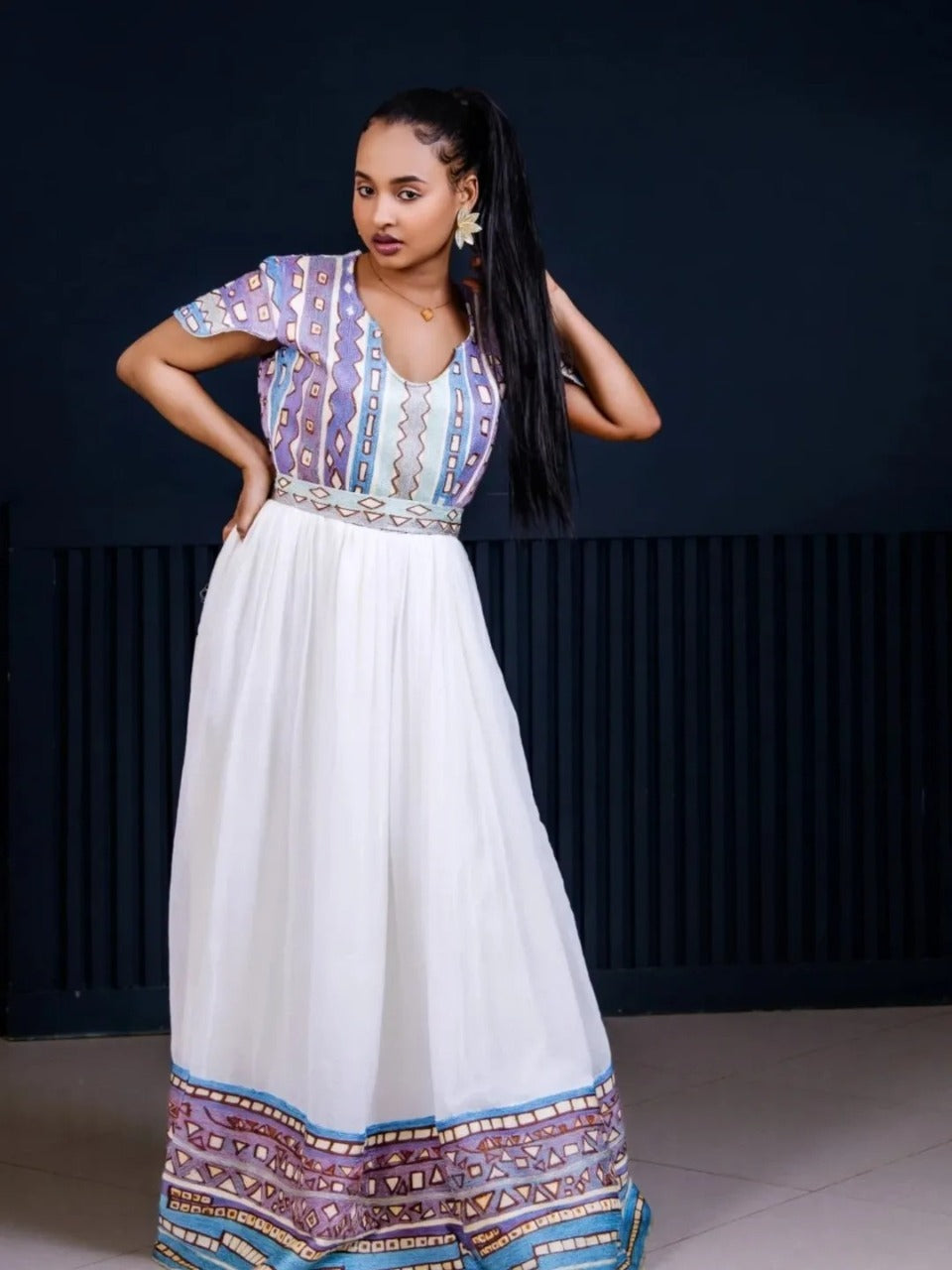 Stylish Multi-color Pattern Habesha Dress Modern Ethiopian Kemis