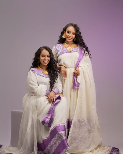 Beautiful Habesha Dress with Purple Embroidery – Handwoven Traditional Ethiopian Kemis