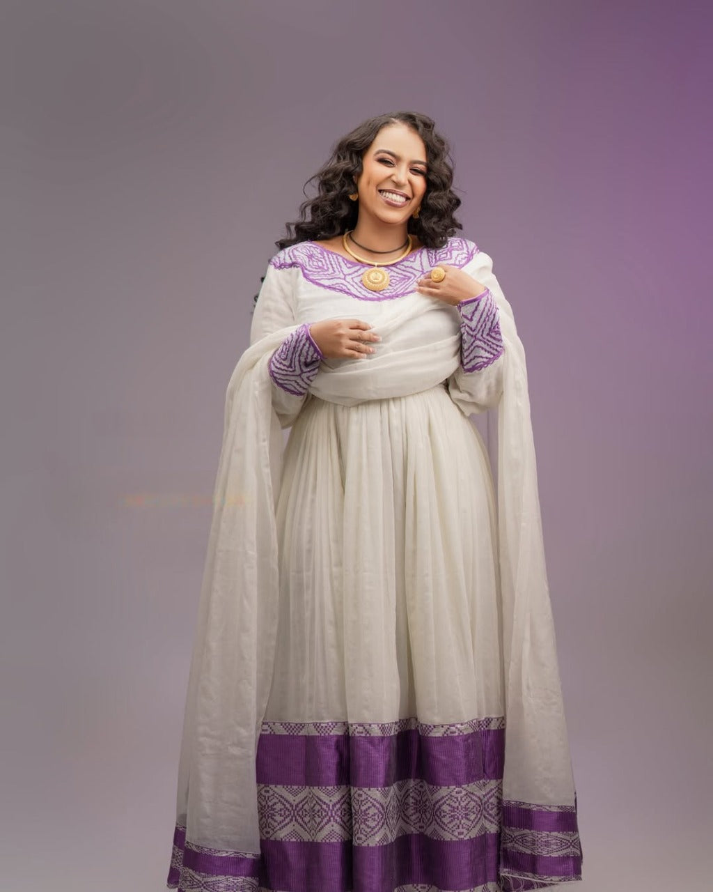 Beautiful Habesha Dress with Purple Embroidery – Handwoven Traditional Ethiopian Kemis