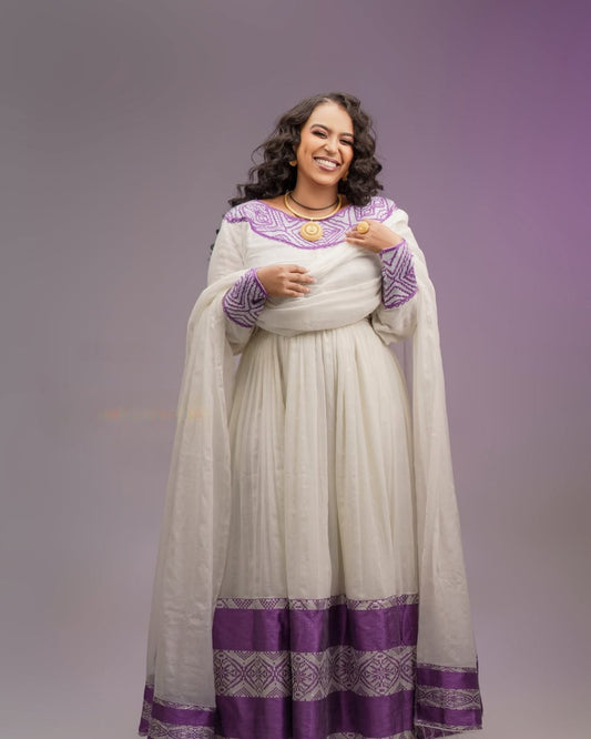 Beautiful Habesha Dress with Purple Embroidery – Handwoven Traditional Ethiopian Kemis