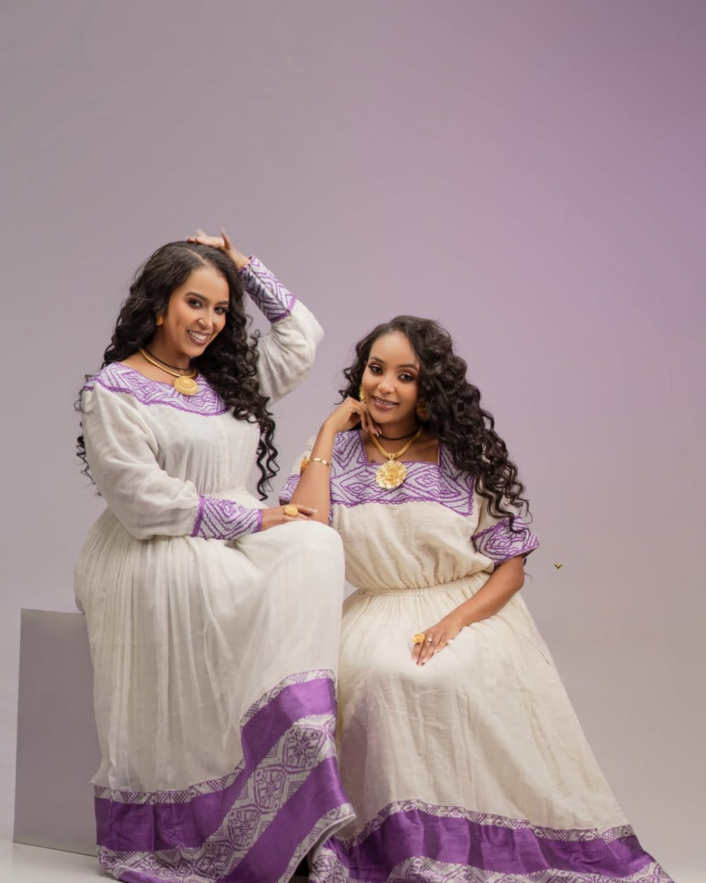 Beautiful Habesha Dress with Purple Embroidery – Handwoven Traditional Ethiopian Kemis