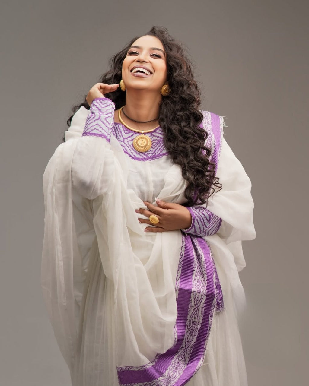 Beautiful Habesha Dress with Purple Embroidery – Handwoven Traditional Ethiopian Kemis