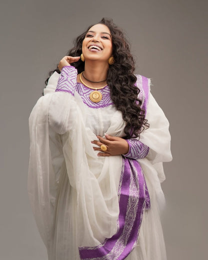 Beautiful Habesha Dress with Purple Embroidery – Handwoven Traditional Ethiopian Kemis