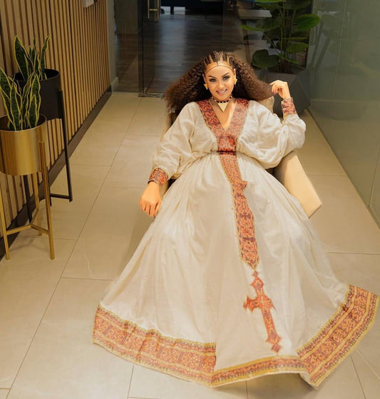 Exquisite White Habesha Kemis with Gold & Brown embroidery– Ethiopian Cultural Dress