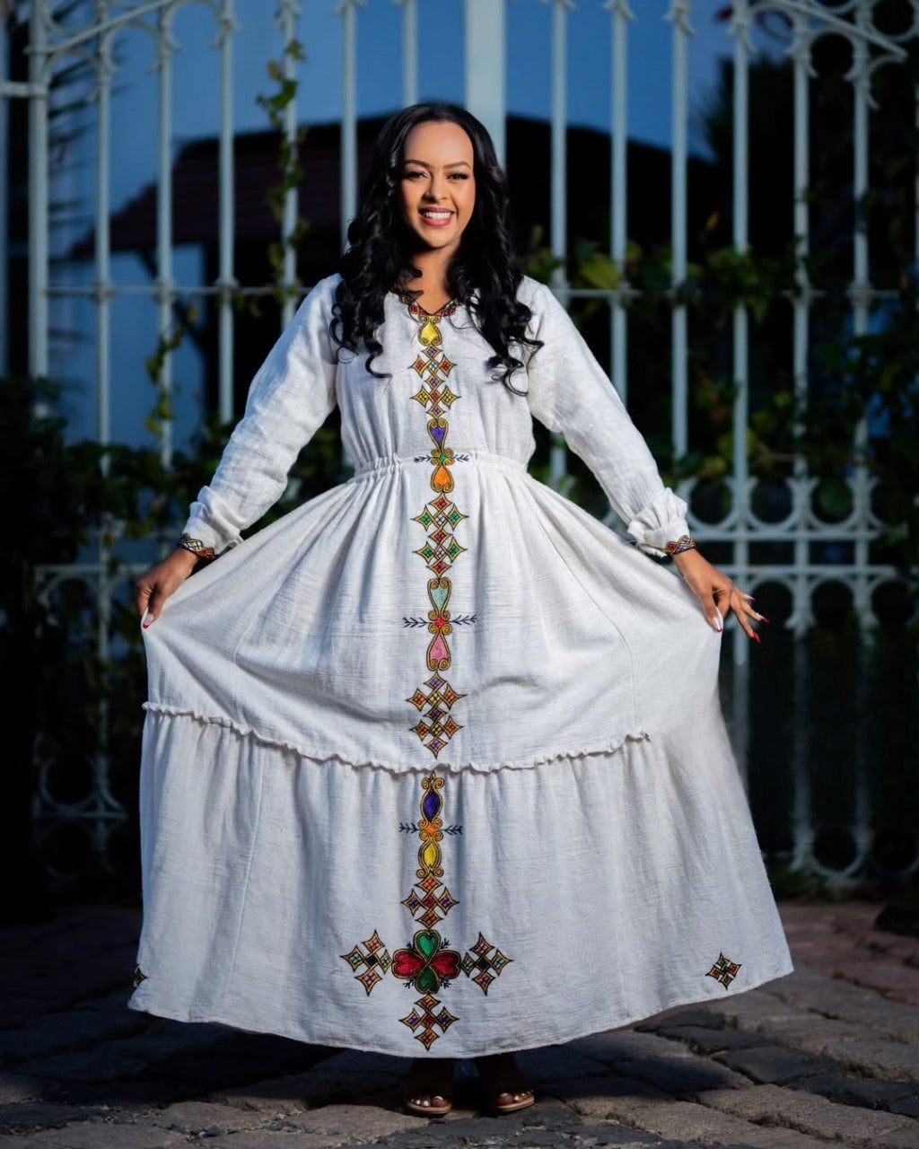 Radiant Ethiopian Dress with Multi-Color Cross Embroidery – Ethiopian Traditional Dress 