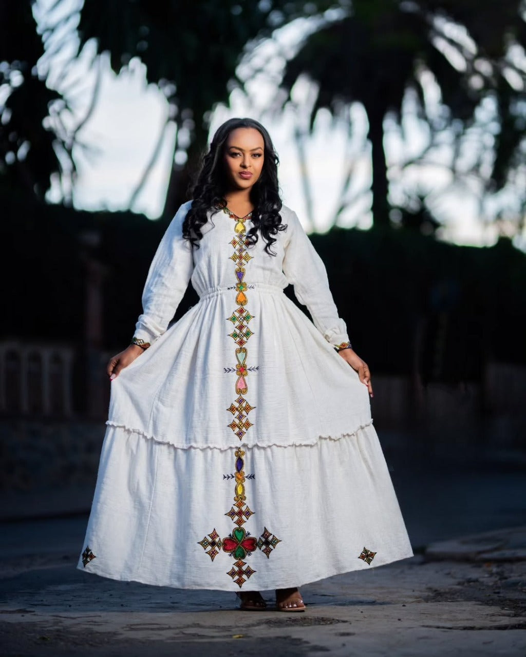 Radiant Ethiopian Dress with Multi-Color Cross Embroidery – Ethiopian Traditional Dress