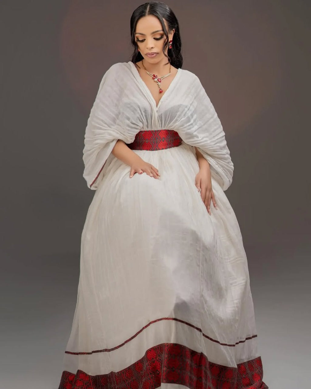 Elegant Habesha Kemis with Red Sash – Minimalist Ethiopian Dress