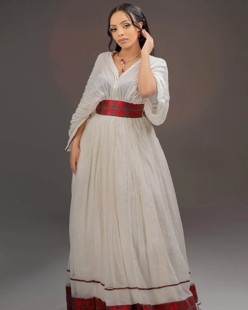 Elegant White Habesha Kemis with Red Sash – Ethiopian Traditional Dress