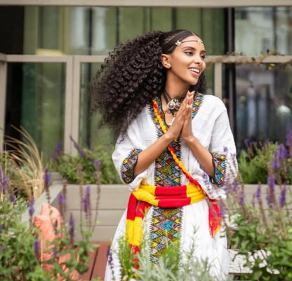 Cultural Habesha Kemis with Multi-Color Patterns – Ethiopian Ashenda Dress